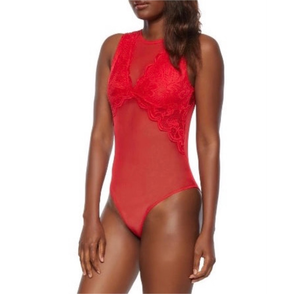 Ambiance Red Lace Floral Sheer Mesh Statement Lingerie One Piece Bodysuit